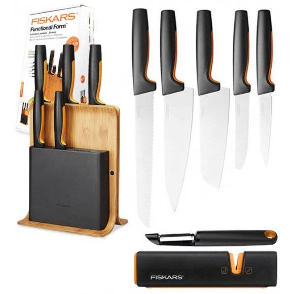 FISKARS FUNCTIONAL FORM 1057552 Komplet 5 noży w bloku bambusowym + Obierak FF + ostrzałka Edge