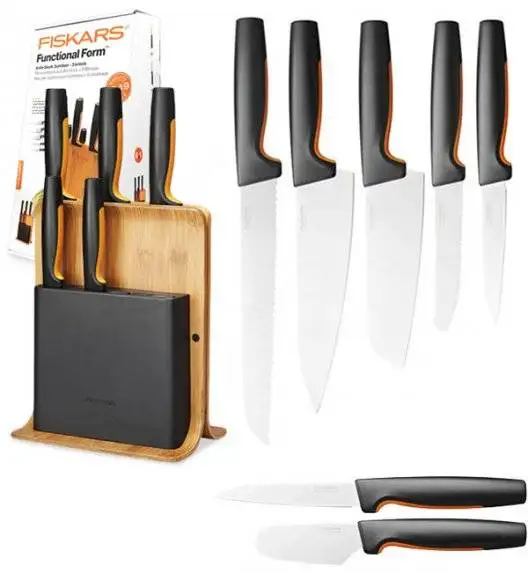 FISKARS FUNCTIONAL FORM 1057552 Komplet 5 noży w bloku bambusowym + nóż do skrobania + nóż do smarowania