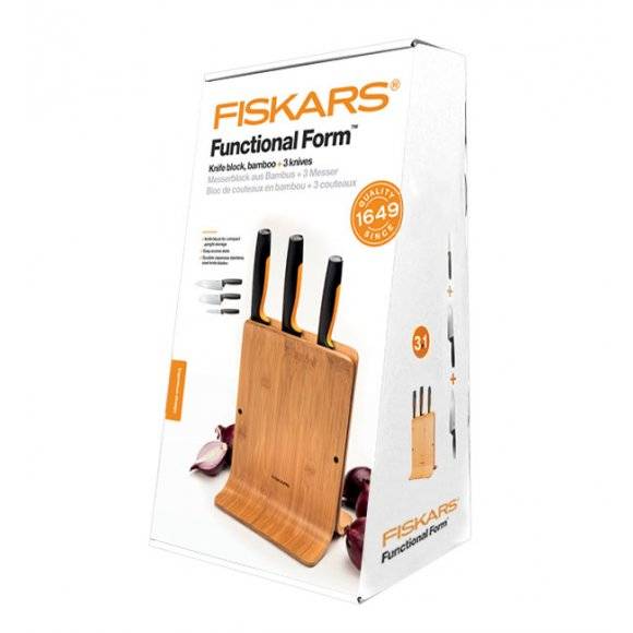 FISKARS FUNCTIONAL FORM 1057553 Komplet 3 noży w bloku bambusowym + obierak Fiskars FF + ostrzałka Edge