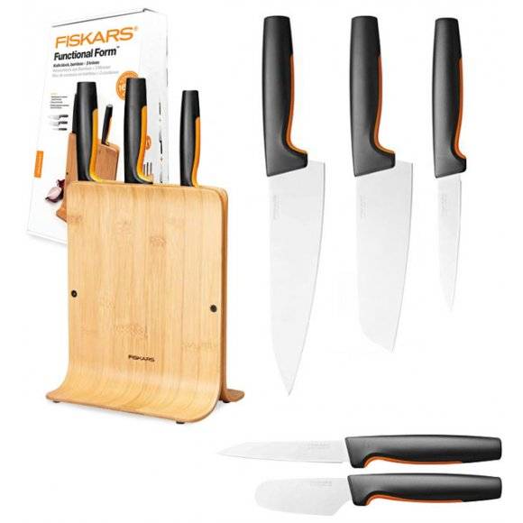 FISKARS FUNCTIONAL FORM 1057553 Komplet 3 noży w bloku bambusowym + nóż do smarowania + nóż do skrobania