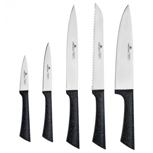 GERLACH GRANITEX Komplet 5 noży w bloku + Tasak do ziół z deską +nożyce drewniane