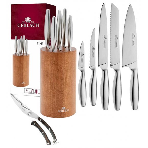 GERLACH FINE Komplet 5 noży w bloku + nożyce drewniane do drobiu