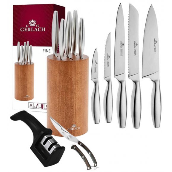 GERLACH FINE Komplet 5 noży w bloku + ostrzałka 2w1 + nożyce drewniane do drobiu