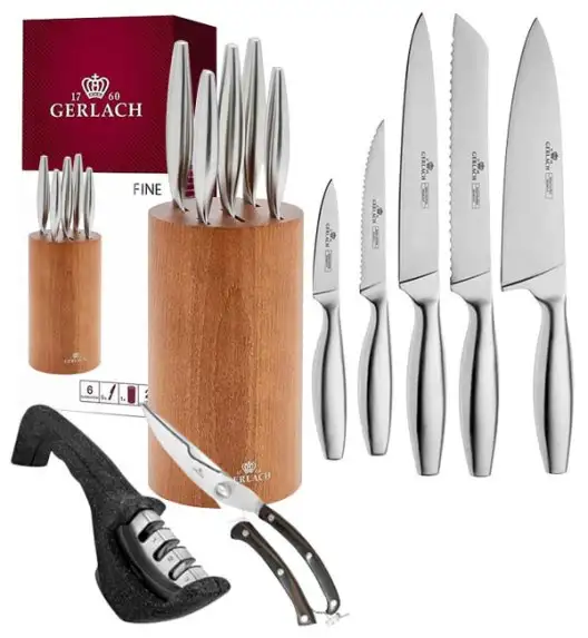 GERLACH FINE Komplet 5 noży w bloku + ostrzałka 3w1 Granitex +nożyce drewniane do drobiu