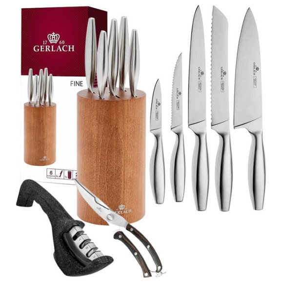 GERLACH FINE Komplet 5 noży w bloku + ostrzałka 3w1 Granitex +nożyce drewniane do drobiu