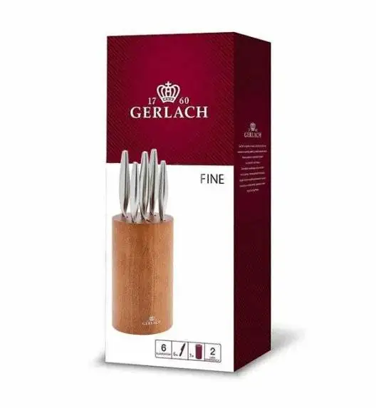 GERLACH FINE Komplet 5 noży w bloku + ostrzałka 3w1 Granitex +nożyce drewniane do drobiu