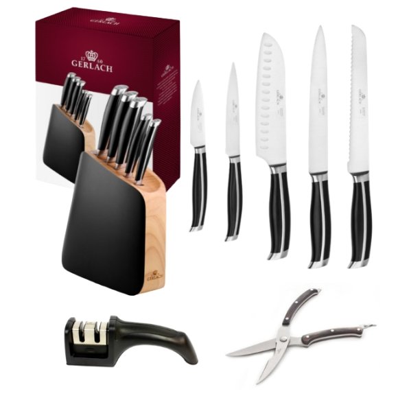GERLACH LOFT Komplet 5 noży w bloku + ostrzałka 2w1 + nożyce drewniane do drobiu