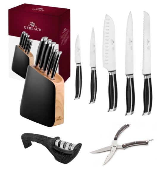 GERLACH LOFT Komplet 5 noży w bloku + ostrzałka 3w1 Granitex +nożyce drewniane do drobiu 