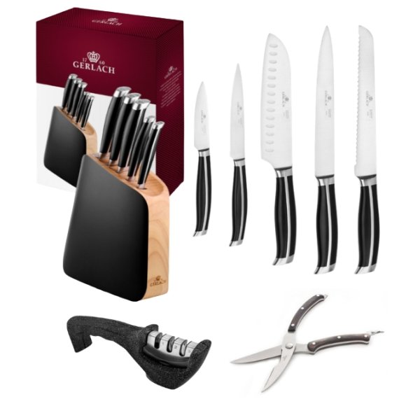 GERLACH LOFT Komplet 5 noży w bloku + ostrzałka 3w1 Granitex +nożyce drewniane do drobiu 