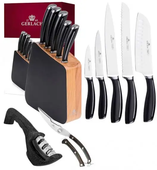 GERLACH LOFT Komplet 5 noży w bloku + ostrzałka 3w1 Granitex +nożyce drewniane do drobiu 