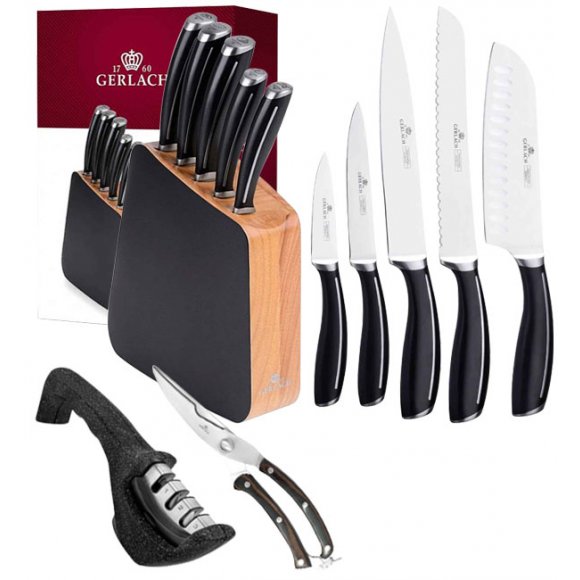 GERLACH LOFT Komplet 5 noży w bloku + ostrzałka 3w1 Granitex +nożyce drewniane do drobiu 