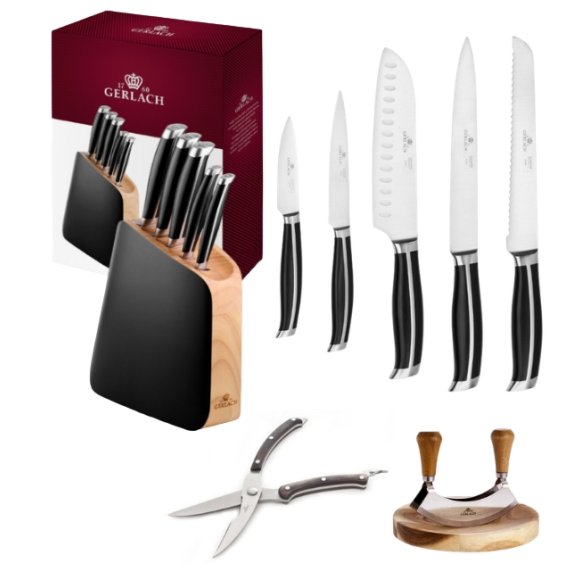 GERLACH LOFT Komplet 5 noży w bloku + Gerlach Natur Tasak do ziół z deską + nożyce drewniane do drobiu 