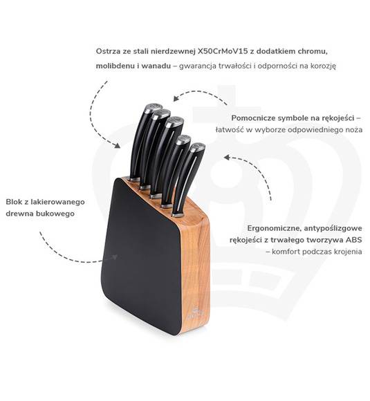 GERLACH LOFT Komplet 5 noży w bloku + Gerlach Natur Tasak do ziół z deską + nożyce drewniane do drobiu 