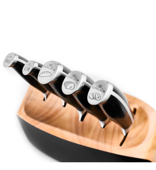 GERLACH LOFT Komplet 5 noży w bloku + Gerlach Natur Tasak do ziół z deską + nożyce drewniane do drobiu 