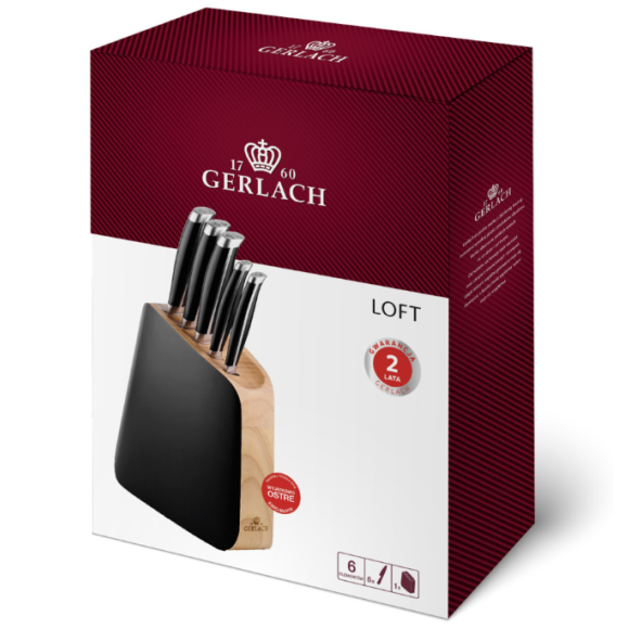 GERLACH LOFT Komplet 5 noży w bloku + Gerlach Natur Tasak do ziół z deską + nożyce drewniane do drobiu 