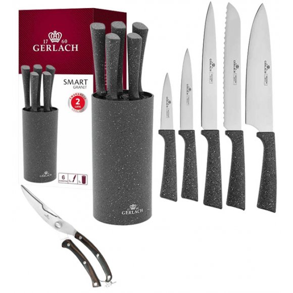 GERLACH SMART GRANIT Komplet 5 noży w bloku + nożyce drewniane do drobiu