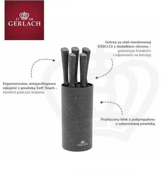 GERLACH SMART GRANIT Komplet 5 noży w bloku + ostrzałka 3w1 + nożyce drewniane do drobiu 