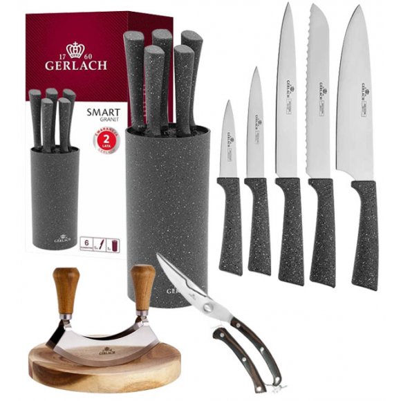 GERLACH SMART GRANIT Komplet 5 noży w bloku + Tasak do ziół z deską +nożyce drewniane do drobiu 