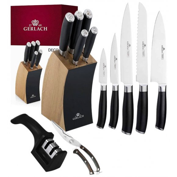 ​GERLACH DECO BLACK Komplet 5 noży w bloku + ostrzałka 2w1 + nożyce drewniane do drobiu