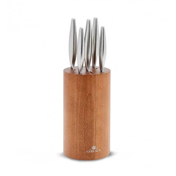 GERLACH FINE Komplet 5 noży w bloku + Natur Tasak do ziół z deską + Nożyce drewniane do drobiu