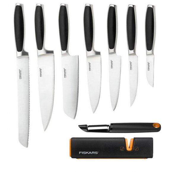 FISKARS ROYAL FSRL11 Komplet 7 noży kuchennych / stal nierdzewna + Obierak FF + ostrzałka Fiskars Edge