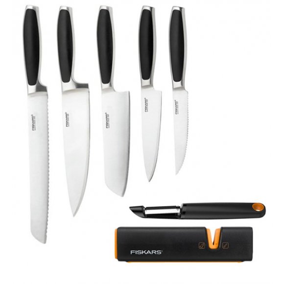 FISKARS ROYAL FSRL8 Komplet 5 noży kuchennych / stal nierdzewna + Obierak FF + Ostrzałka Fiskars Edge