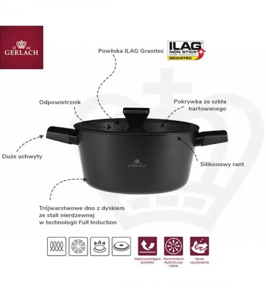 GERLACH GRANITEX Komplet garnków 24 28 cm z pokrywką 4,4 l + brytfanna 32 cm + patelnia 24, 28 cm / powłoka ILAG Granitec®  / indukcja