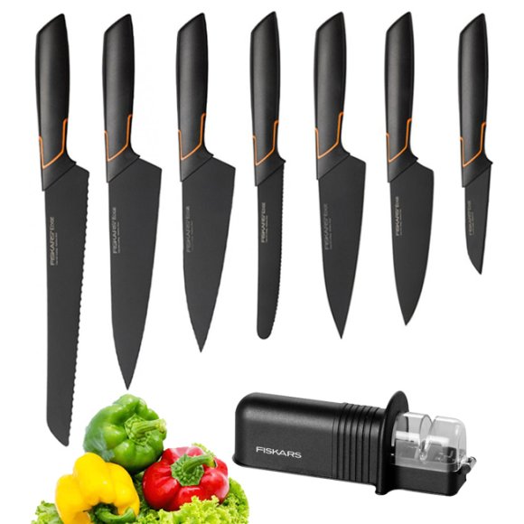 FISKARS EDGE Komplet 7 noży kuchennych + ostrzałka Essential / japońska stal nierdzewna 