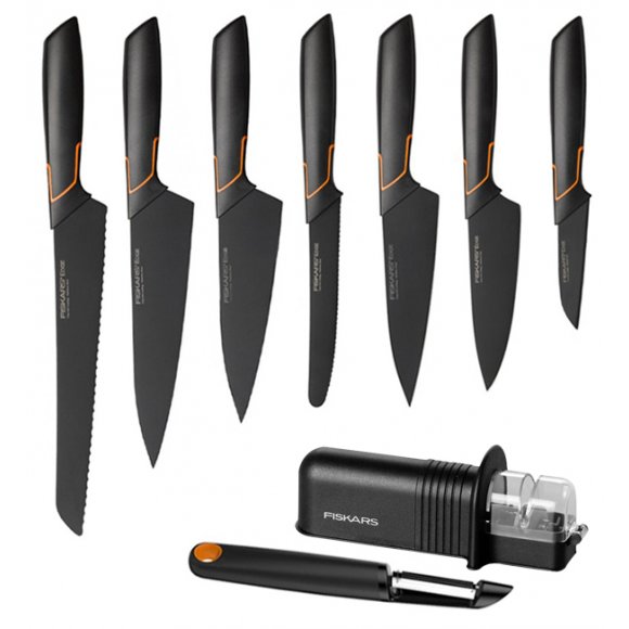 FISKARS EDGE Komplet 7 noży kuchennych + ostrzałka Essential +obierak FF (1014419) / japońska stal nierdzewna