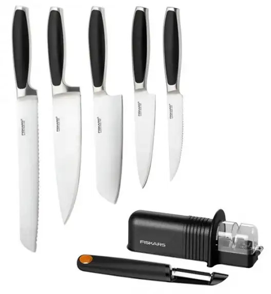 FISKARS ROYAL Komplet 5 noży kuchennych / stal nierdzewna + ostrzałka Essential + obierak FF 