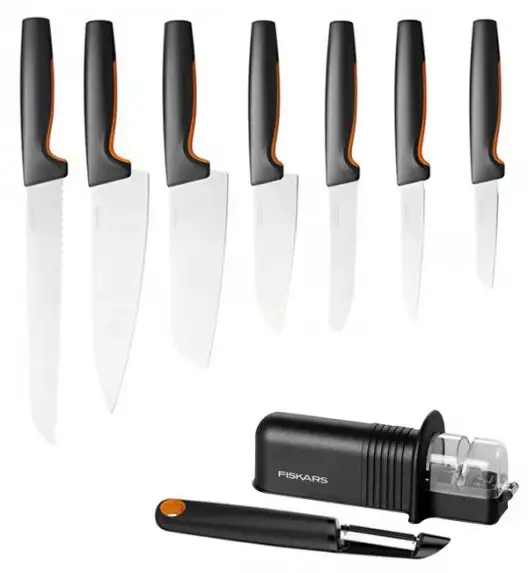 FISKARS FUNCTIONAL FORM Komplet 7 noży luzem + ostrzałka Essential +obierak FF / stal nierdzewna