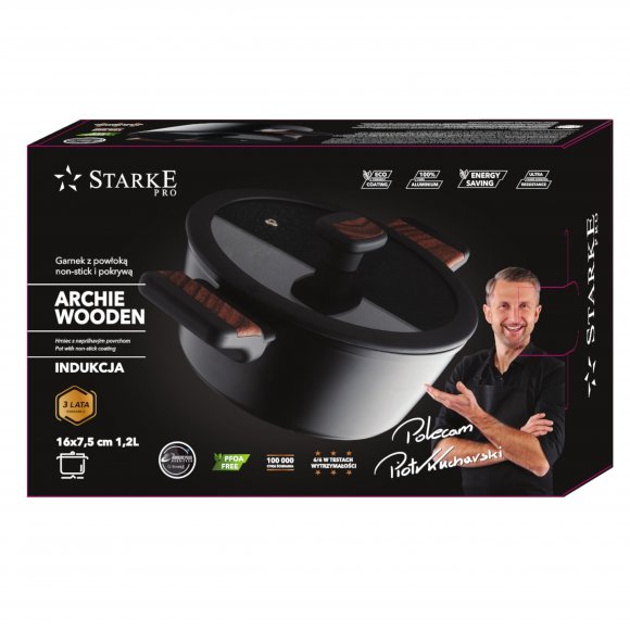 STARKE PRO ARCHIE WOODEN Garnek z pokrywką 16 cm / Powłoka Aerolite Plus