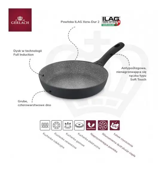 GERLACH GRANITEX GREY Patelnia z powłoką ceramiczną ILAG Xera Dur 2® 28 cm / aluminium + pokrywka