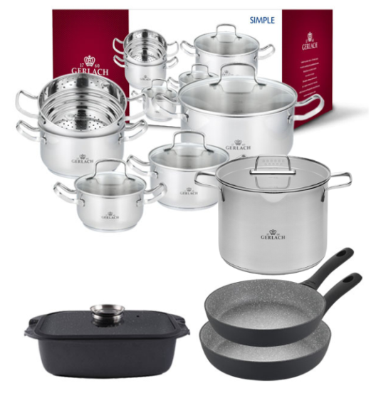 GERLACH SIMPLE Komplet Garnki z pokrywkami 9 el + patelnie Granitex Grey 20, 28 cm +Brytfanna Granitex +Garnek Simple 7 L