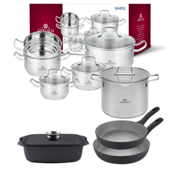 GERLACH SIMPLE Komplet Garnki z pokrywkami 9 el + patelnie Granitex Grey 20, 28 cm +Brytfanna Granitex +Garnek Simple 7 L