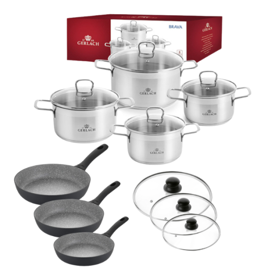 GERLACH BRAVA Komplet Garnki z pokrywkami 8 el + patelnie Gerlach Granitex Grey 20, 24, 28 cm+ pokrywki uniwersalne 