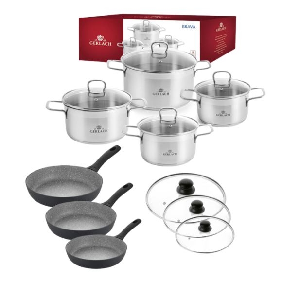 GERLACH BRAVA Komplet Garnki z pokrywkami 8 el + patelnie Gerlach Granitex Grey 20, 24, 28 cm+ pokrywki uniwersalne 