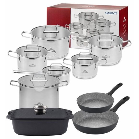 GERLACH AMBIENTE Komplet Garnki z pokrywkami 10 el + Patelnie Granitex Grey 20, 28 cm + Brytfanna Granitex + Garnek Ambiente 7 l / stal nierdzewna / indukcja