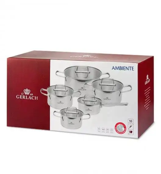 GERLACH AMBIENTE Komplet Garnki z pokrywkami 10 el + Patelnie Granitex Grey 20, 28 cm + Brytfanna Granitex + Garnek Ambiente 7 l / stal nierdzewna / indukcja