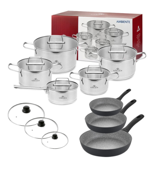 GERLACH AMBIENTE Komplet Garnki z pokrywkami 10 el + Patelnie Granitex Grey 20, 24, 28 cm +pokrywki uniwersalne / stal nierdzewna / indukcja