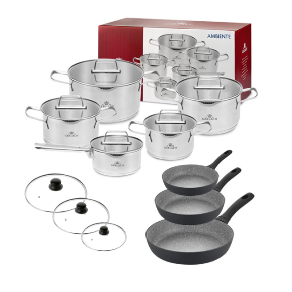 GERLACH AMBIENTE Komplet Garnki z pokrywkami 10 el + Patelnie Granitex Grey 20, 24, 28 cm +pokrywki uniwersalne / stal nierdzewna / indukcja
