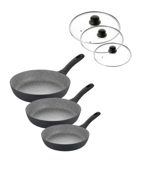 GERLACH AMBIENTE Komplet Garnki z pokrywkami 10 el + Patelnie Granitex Grey 20, 24, 28 cm +pokrywki uniwersalne / stal nierdzewna / indukcja