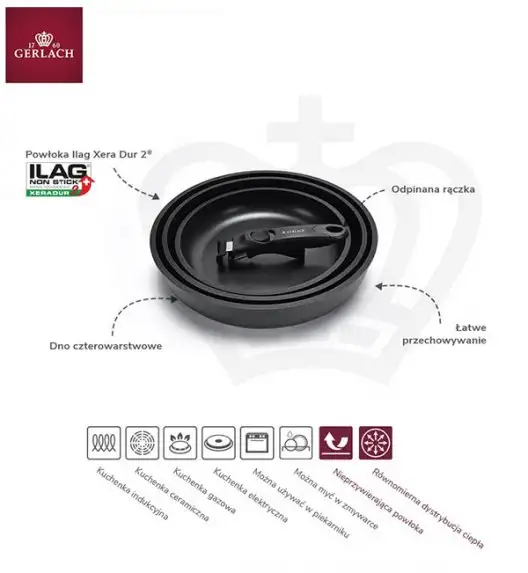 GERLACH Sendo Komplet garnki z pokrywkami 11 el  + patelnia Smart 20, 24, 28 cm + pokrywka silikonowa 3w1