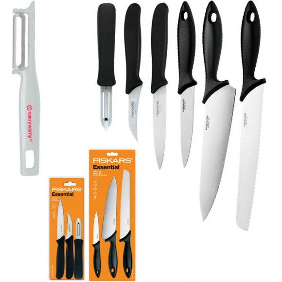 FISKARS ESSENTIAL Komplet 6 noży kuchennych / stal nierdzewna HRC 53 + GRATIS! OBIERAK DO WARZYW