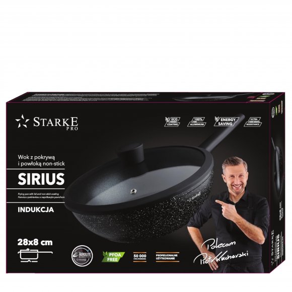 STARKE PRO SIRIUS Zestaw patelni z pokrywkami 20, 24, 28 cm + do naleśników 28 cm + Wok 28 cm