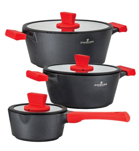 ZWIEGER OBSIDIAN Komplet garnków z pokrywkami 1l, 3l, 5l/ GREBLON C3 + Komplet Patelnia Sensa Thermo 24, 28 cm