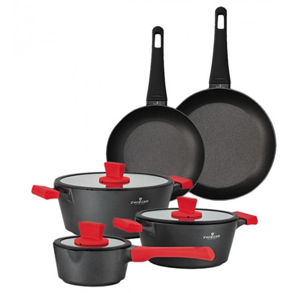 ZWIEGER OBSIDIAN Komplet garnków z pokrywkami 1l, 3l, 5l/ GREBLON C3 + Komplet Patelnia Sensa Thermo 24, 28 cm