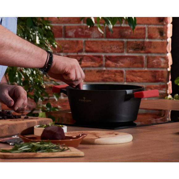 ZWIEGER OBSIDIAN Komplet garnków z pokrywkami 1l, 3l, 5l/ GREBLON C3 + Komplet Patelnia Sensa Thermo 24, 28 cm