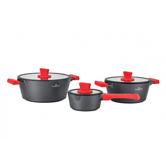 ZWIEGER OBSIDIAN Komplet garnków z pokrywkami 1l, 3l, 5l/ GREBLON C3 + Komplet Patelnia Sensa Thermo 24, 28 cm