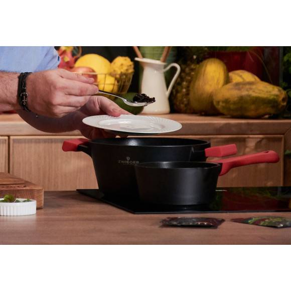 ZWIEGER OBSIDIAN Komplet garnków z pokrywkami 1l, 3l, 5l/ GREBLON C3 + Komplet Patelnia Sensa Thermo 24, 28 cm